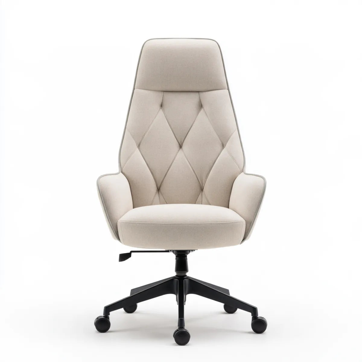 High-Back Executive Office Chair, Beige Polyester Upholstery, Padded Arms, Black Metal Base, 25.6 x 27.6 x 45.3-49.2 in