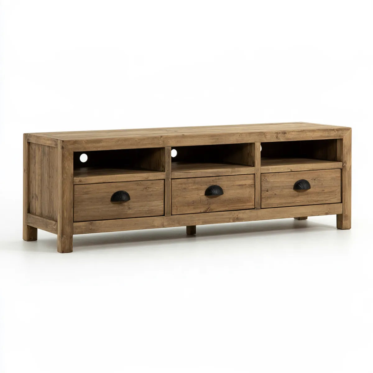 Natural Solid Wood TV Stand, 70.9 x 17.7 x 23.6 in, with 3 Drawers and Open Media Shelves