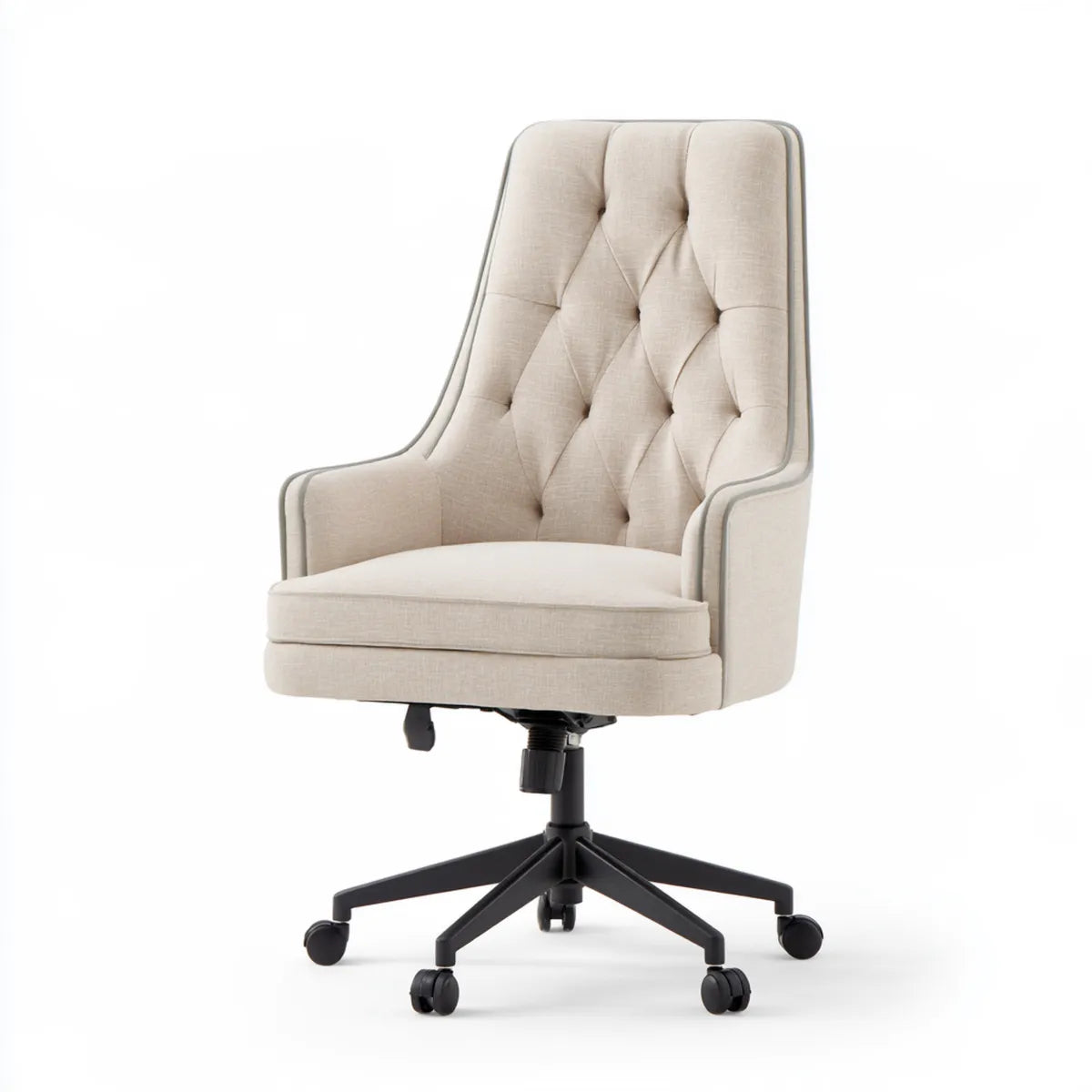 Tufted High-Back Swivel Office Chair, 26 in W x 29 in D x 43-47 in H, Beige Polyester Upholstery with Black Base
