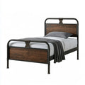 Queen Metal Bed Frame with Headboard and Footboard, 84.5 x 63 x 45 in, Black and Brown Steel and MDF
