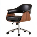 Executive Office Chair, Adjustable Curved Black PU Leather and Walnut Veneer, 25.6 x 24.4 x 35.4-39.4 in