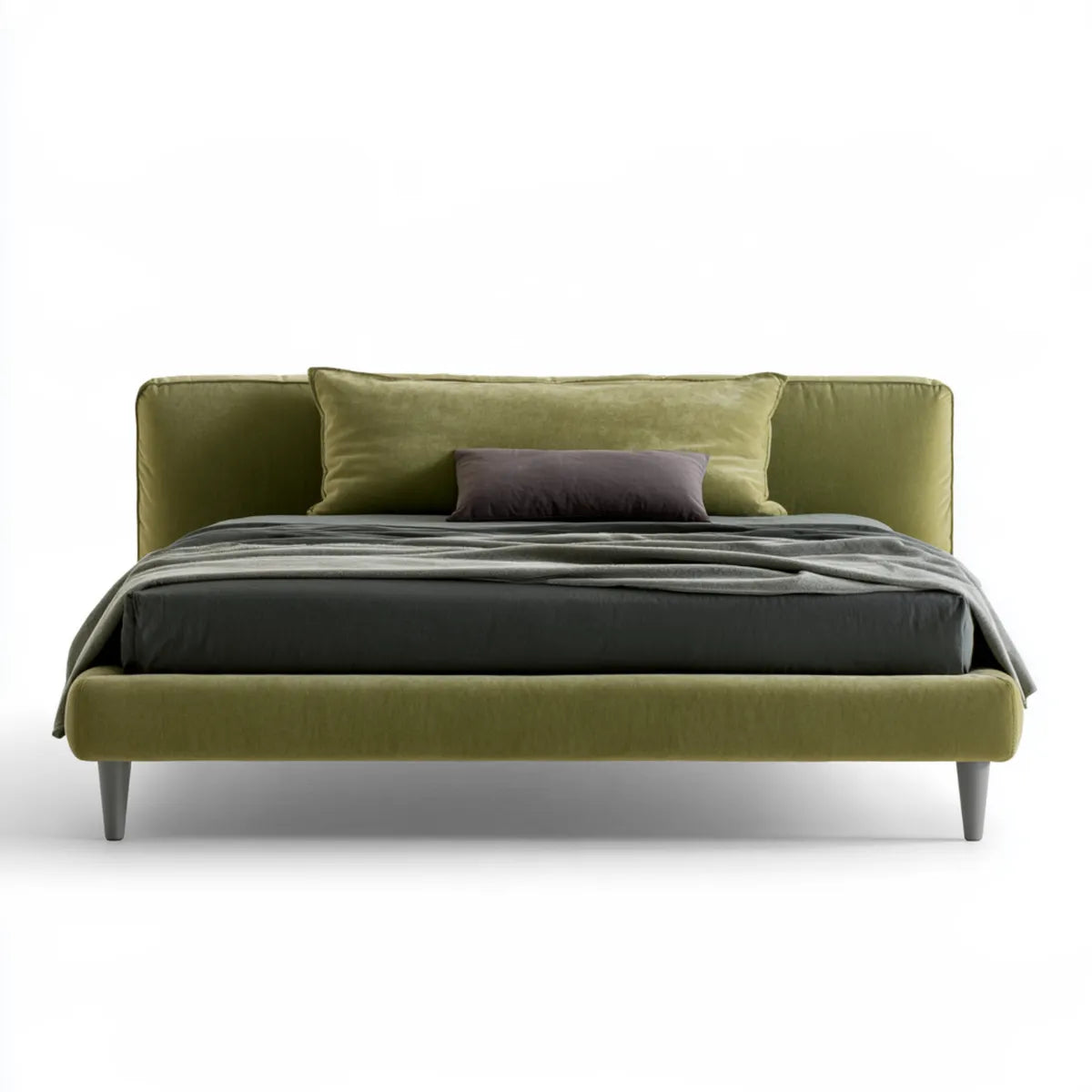 Queen Upholstered Platform Bed Frame, 87 x 66 x 40 in, Olive Green Polyester Velvet